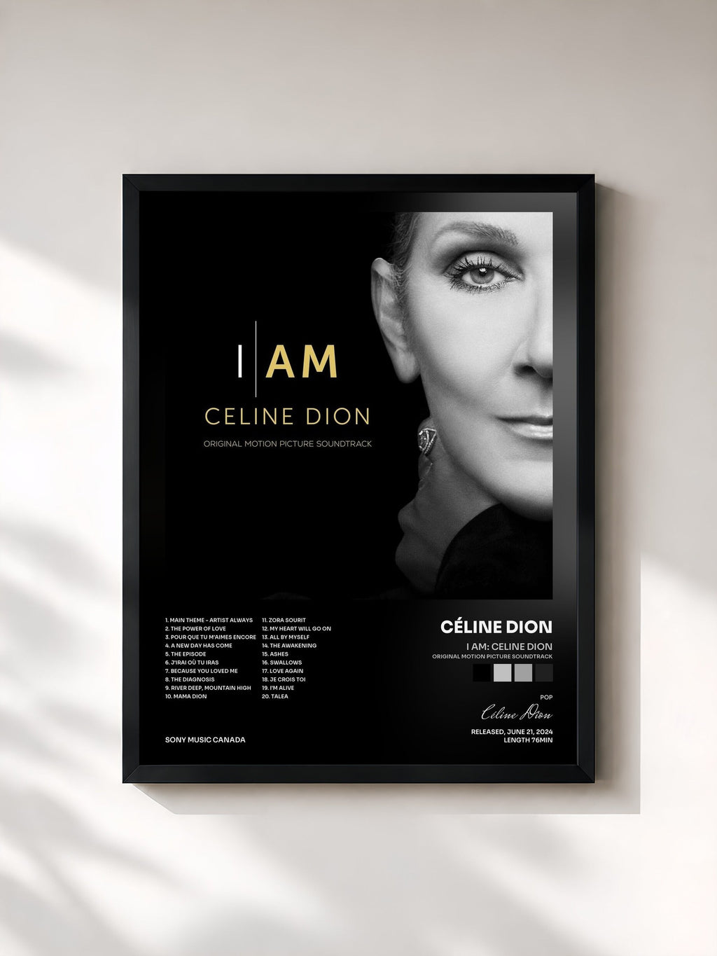 #noir Tableau de l'album I AM: CELINE DION (Original Motion Picture Soundtrack) de Céline Dion, cadre noir, imprimé et encadré en France
