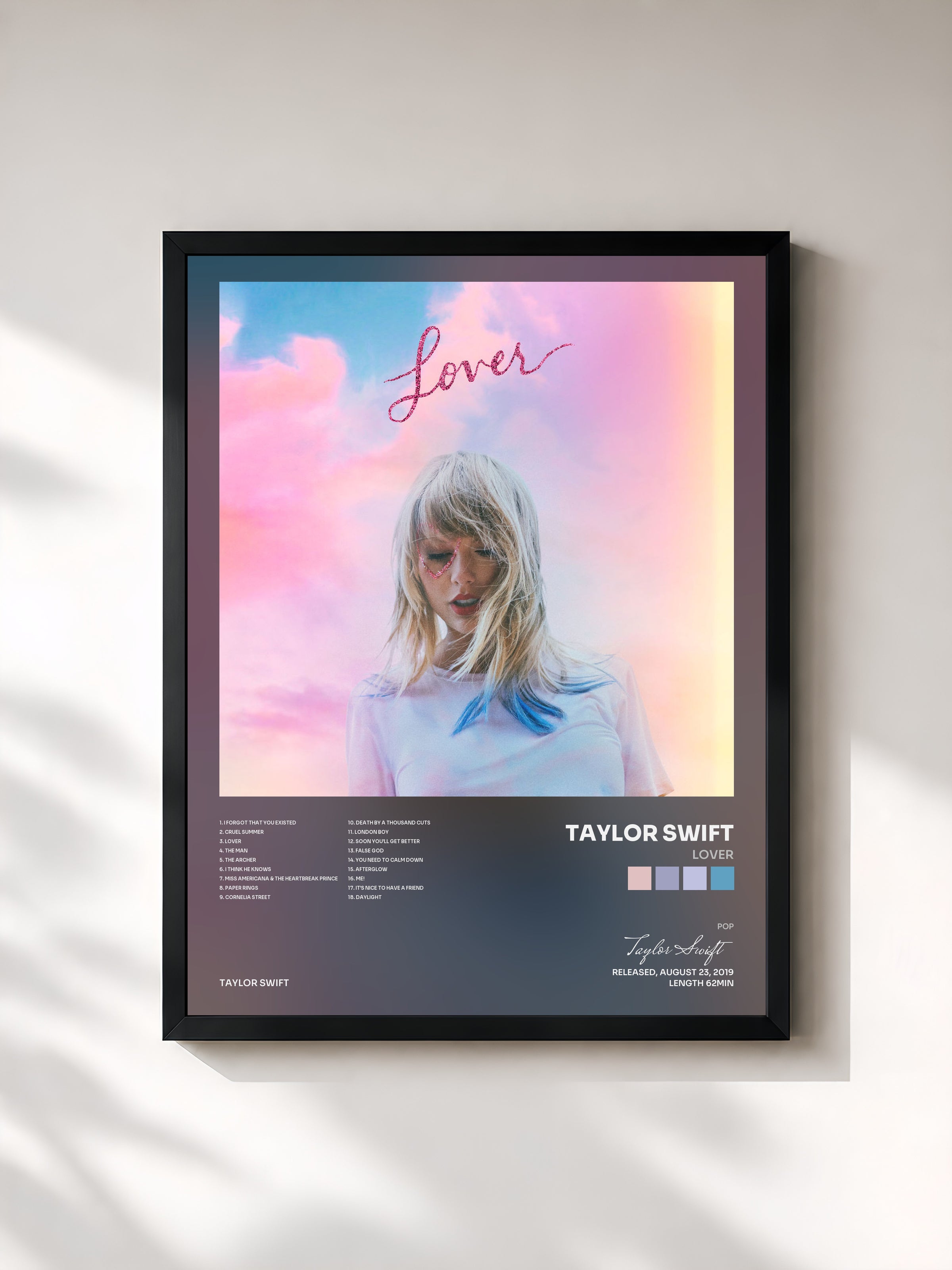 #noir Tableau de l'album Lover de Taylor Swift, cadre noir, imprimé et encadré en France