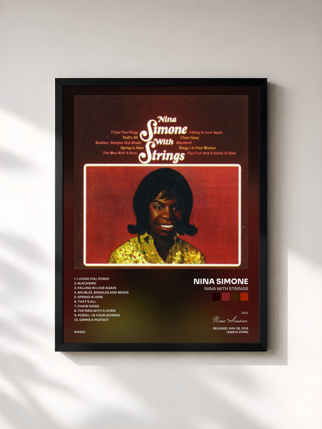 #noir Tableau de l'album Nina with Strings de Nina Simone, cadre noir, imprimé et encadré en France
