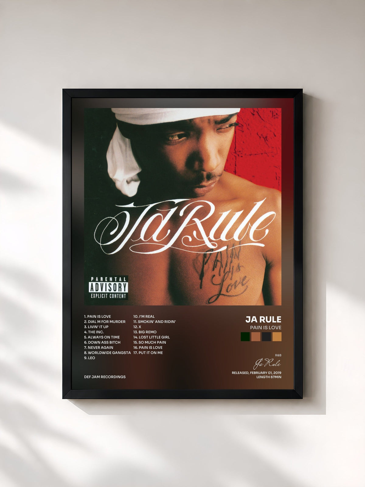 #noir Tableau de l'album Pain Is Love de Ja Rule, cadre noir, imprimé et encadré en France