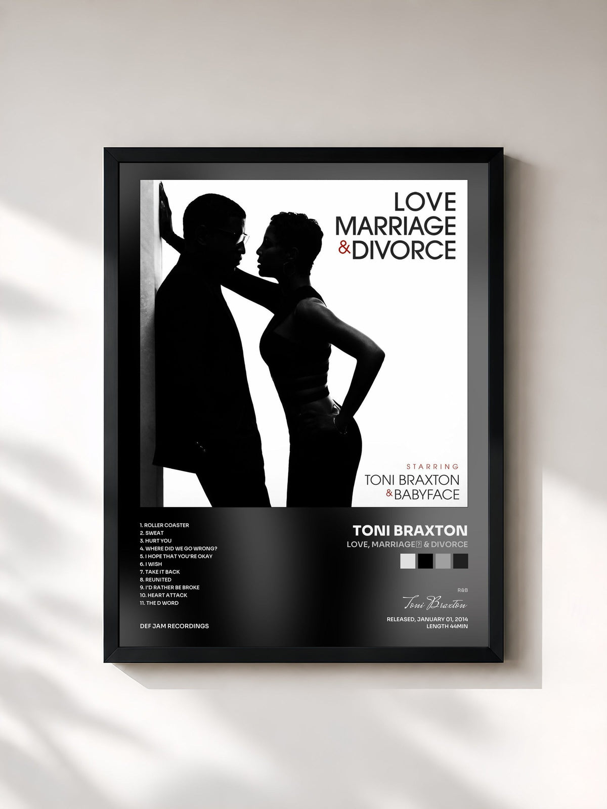 #noir Tableau de l'album Love, Marriage‎ & Divorce de Toni Braxton, cadre noir, imprimé et encadré en France