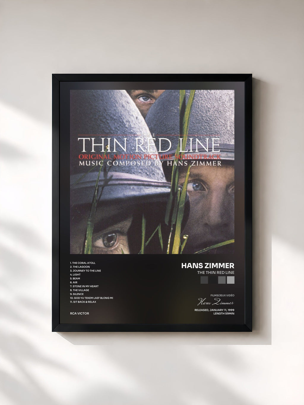 #noir Tableau de l'album The Thin Red Line de Hans Zimmer, cadre noir, imprimé et encadré en France