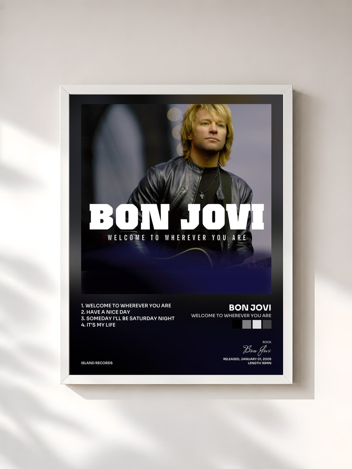 #blanc Welcome To Wherever You Are by Bon Jovi as a framed art print, white frame, printed and framed in France