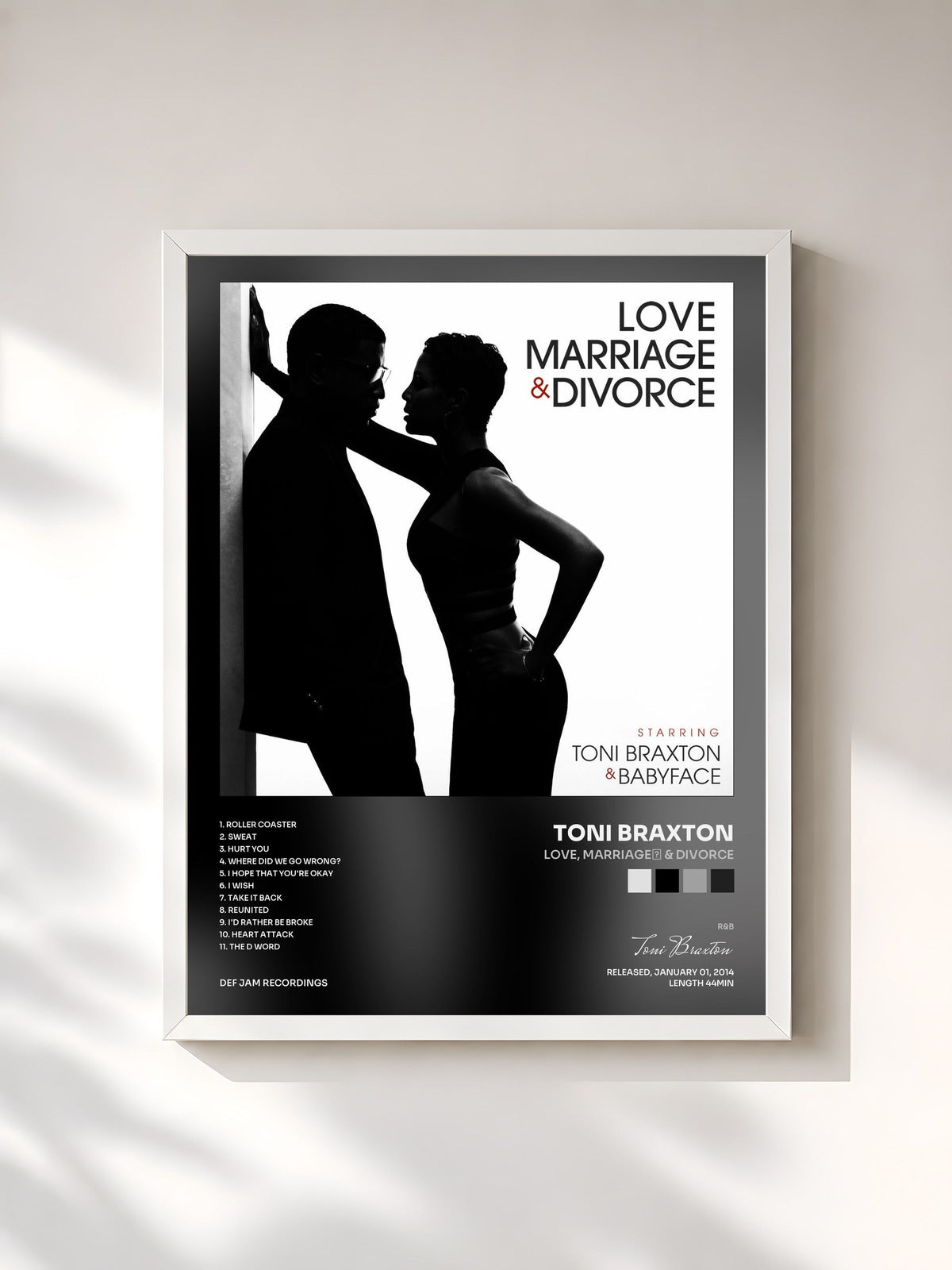 #blanc Tableau de l'album Love, Marriage‎ & Divorce de Toni Braxton, cadre blanc, imprimé et encadré en France