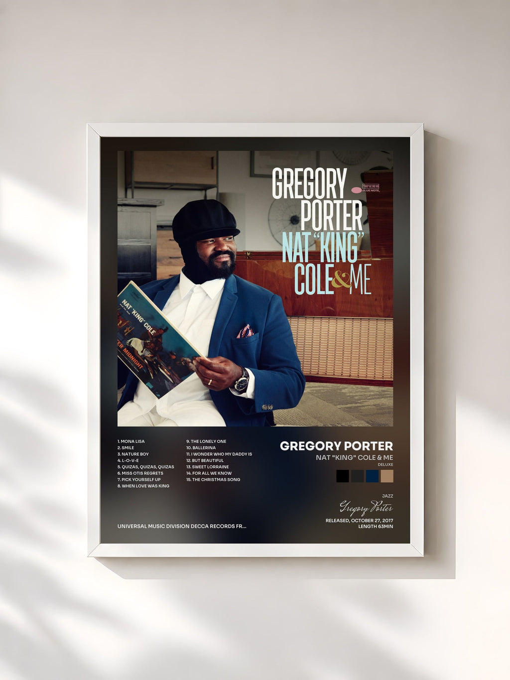 #blanc Tableau de l'album Nat "King" Cole & Me (Deluxe) de Gregory Porter, cadre blanc, imprimé et encadré en France