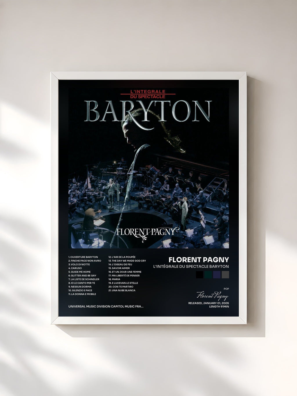 #blanc Tableau de l'album L'Intégrale Du Spectacle Baryton de Florent Pagny, cadre blanc, imprimé et encadré en France