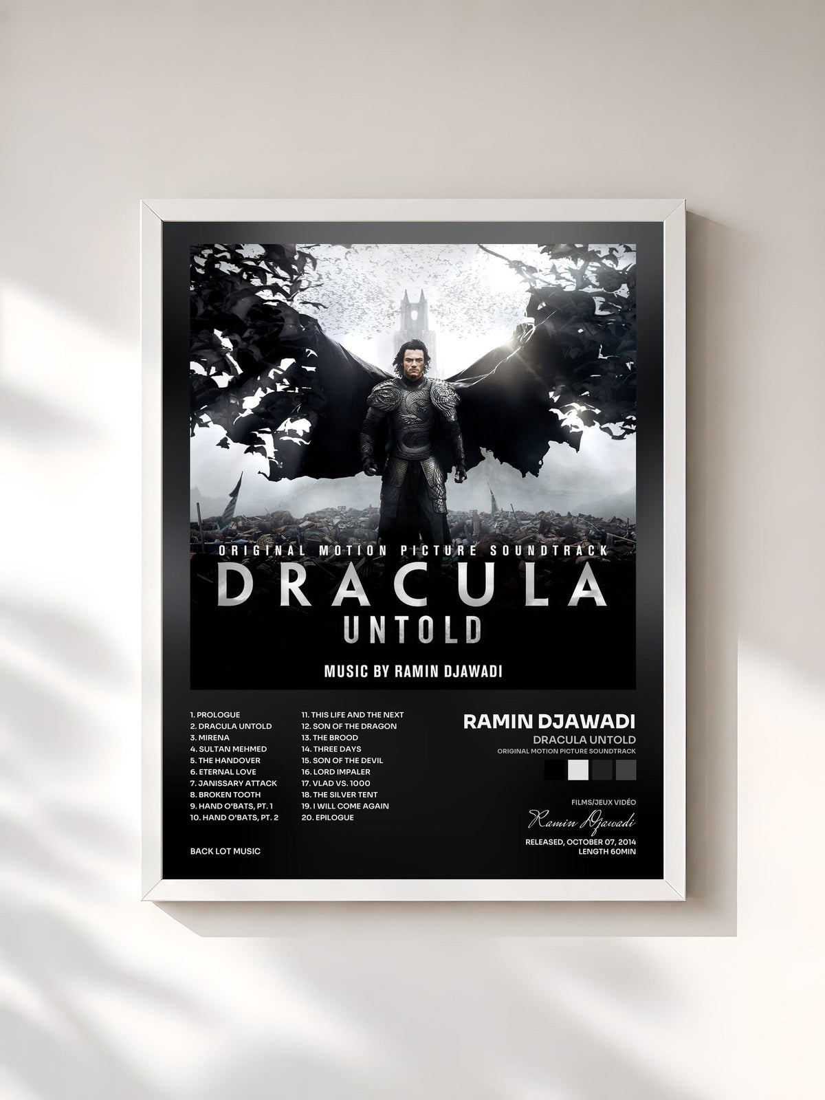 #blanc Tableau de l'album Dracula Untold (Original Motion Picture Soundtrack) de Ramin Djawadi, cadre blanc, imprimé et encadré en France