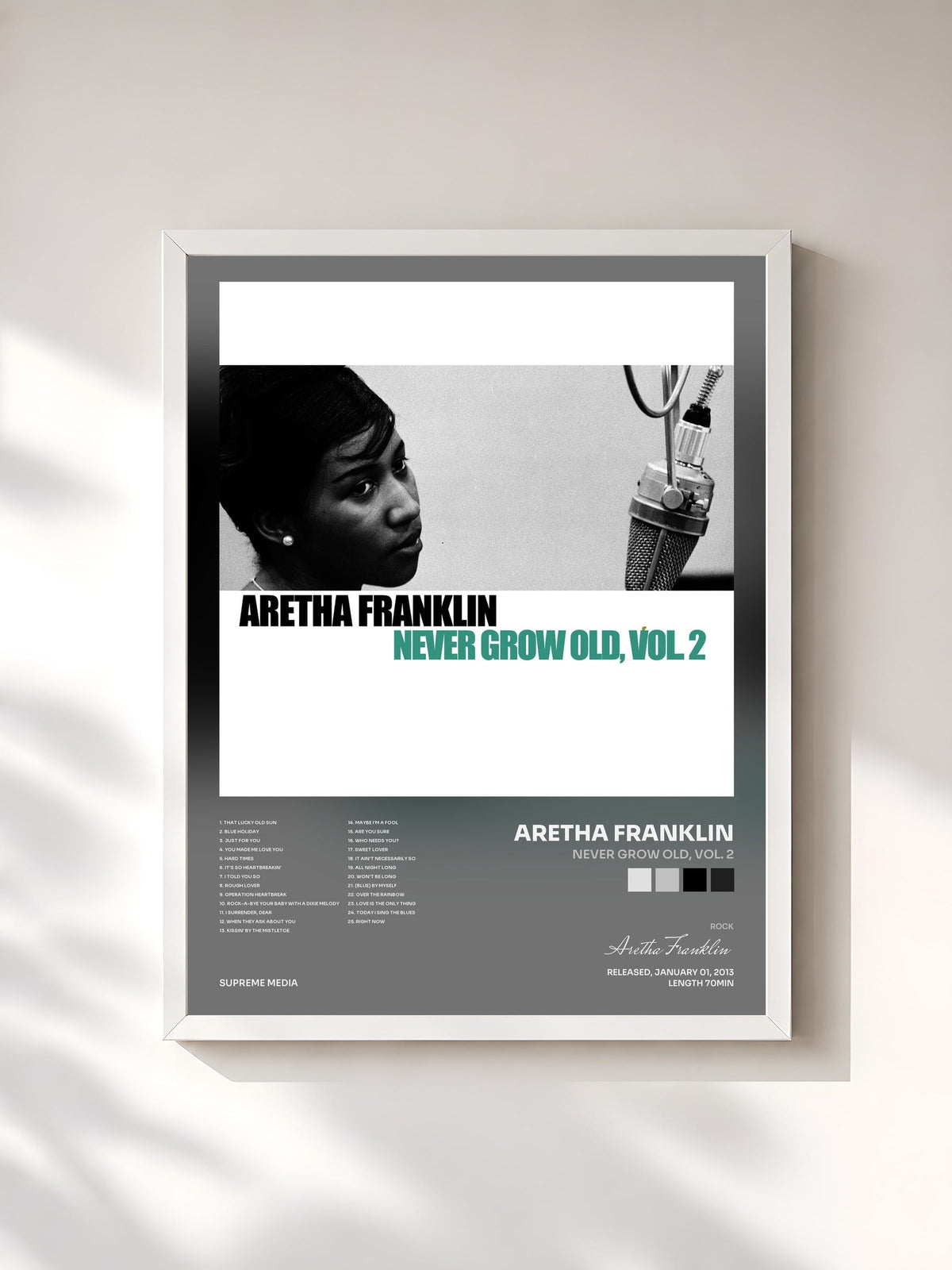 #blanc Tableau de l'album Never Grow Old, Vol. 2 de Aretha Franklin, cadre blanc, imprimé et encadré en France