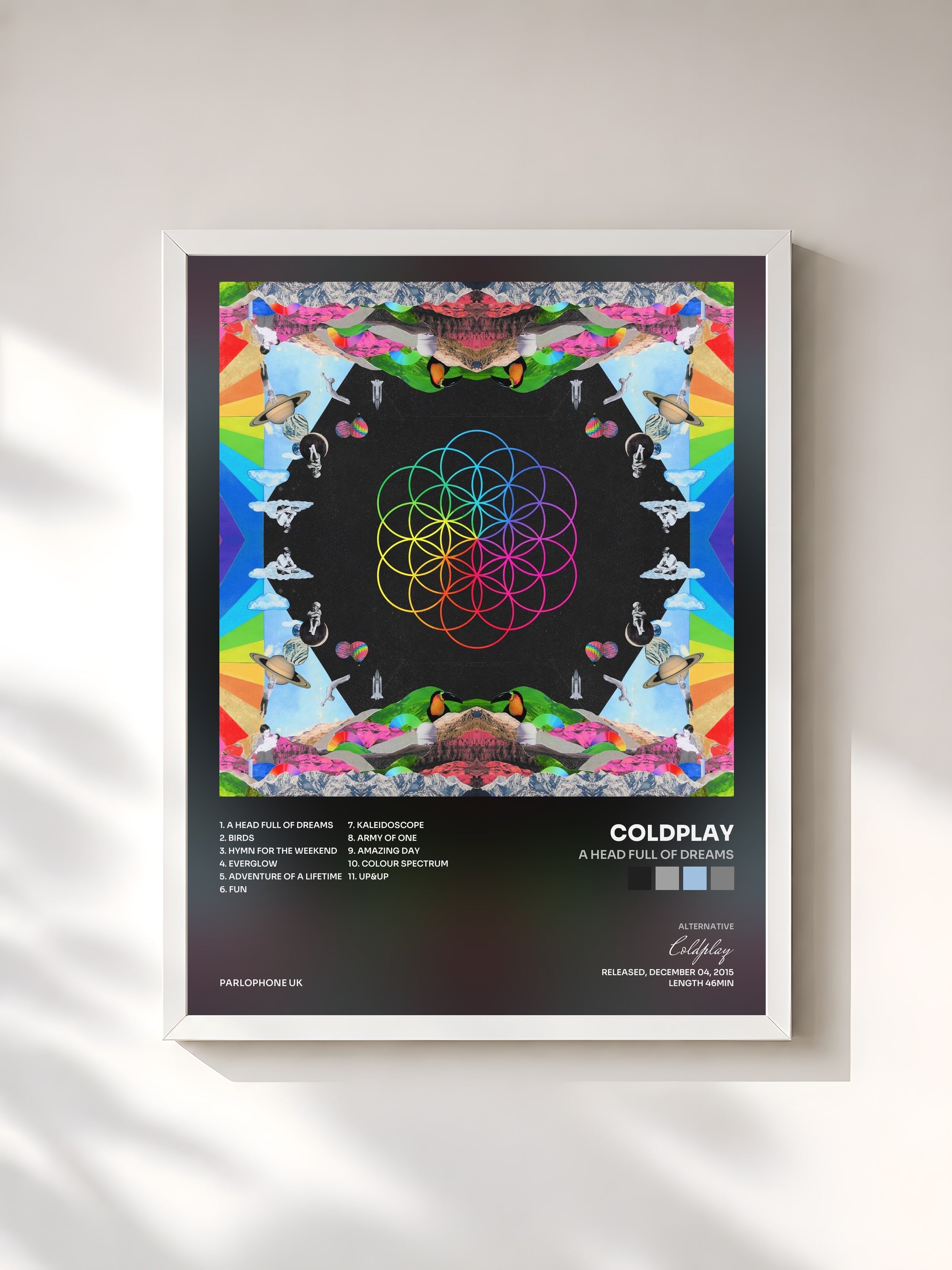 #blanc Tableau de l'album A Head Full of Dreams de Coldplay, cadre blanc, imprimé et encadré en France