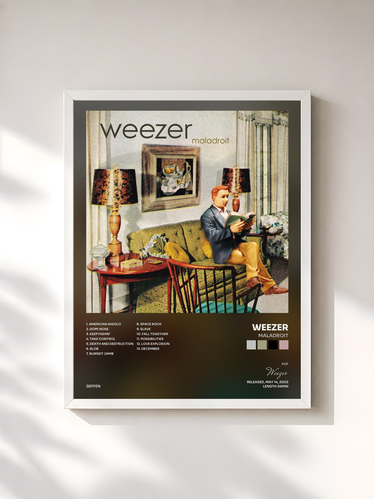 #blanc Tableau de l'album Maladroit de Weezer, cadre blanc, imprimé et encadré en France