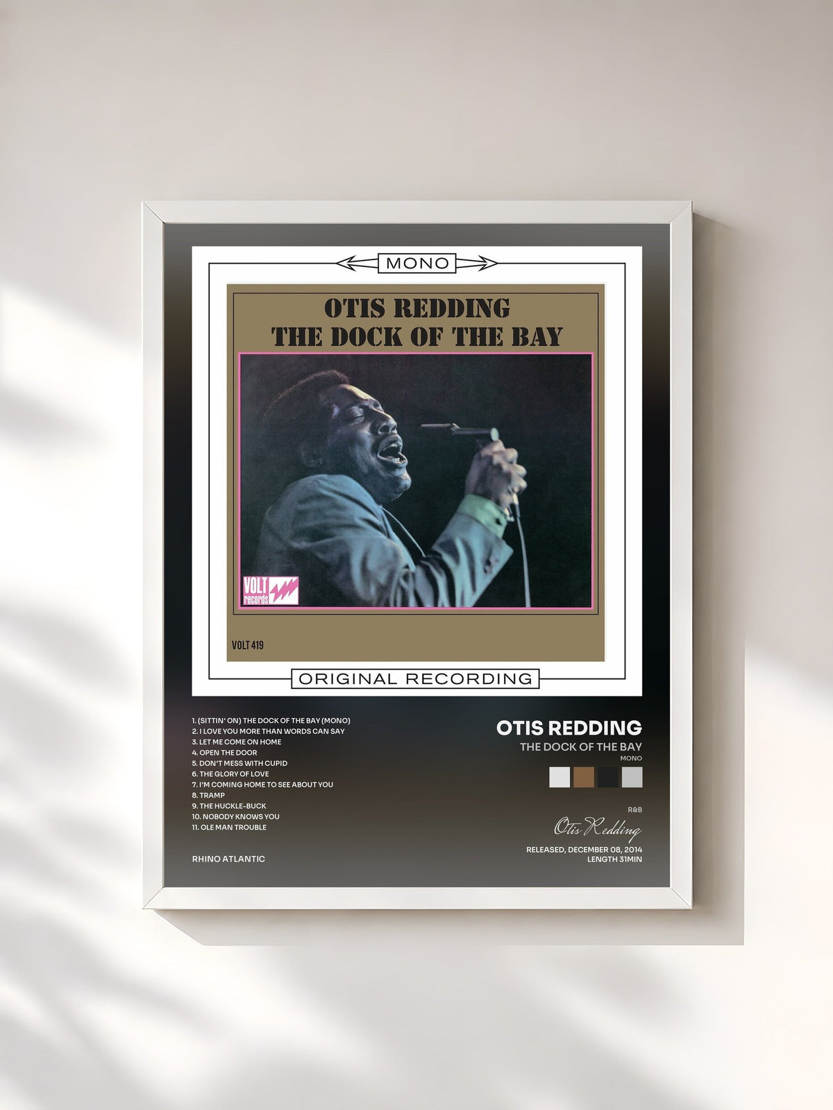 #blanc Tableau de l'album The Dock of the Bay (Mono) de Otis Redding, cadre blanc, imprimé et encadré en France