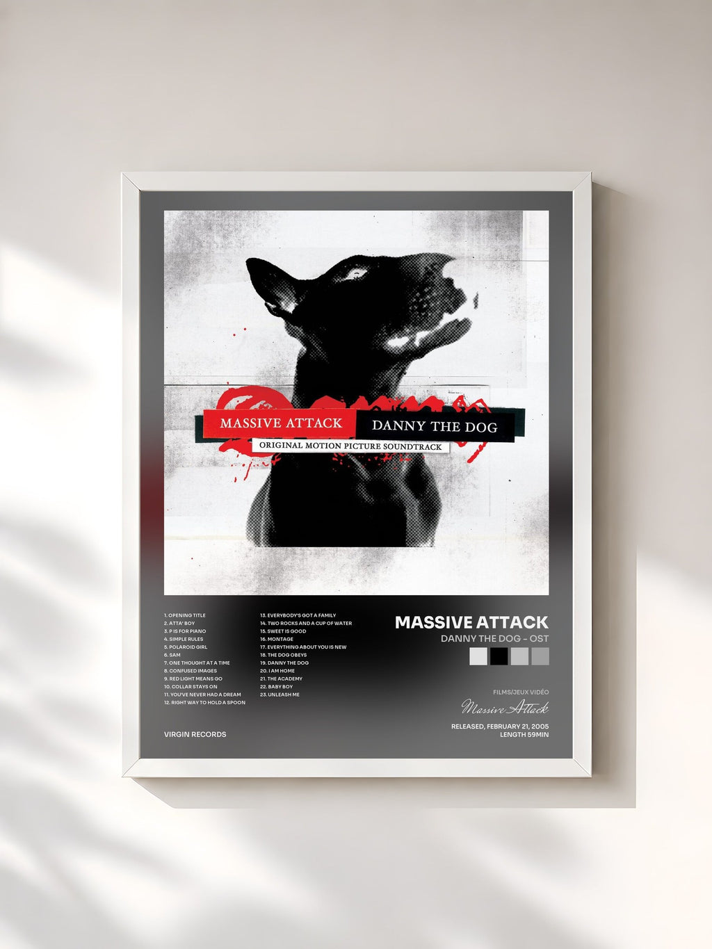 #blanc Tableau de l'album Danny The Dog - OST de Massive Attack, cadre blanc, imprimé et encadré en France