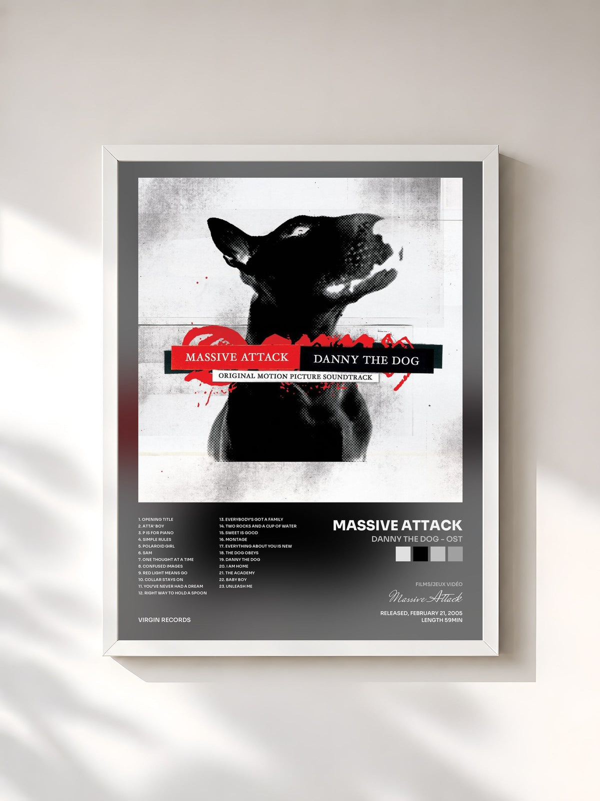 #blanc Tableau de l'album Danny The Dog - OST de Massive Attack, cadre blanc, imprimé et encadré en France