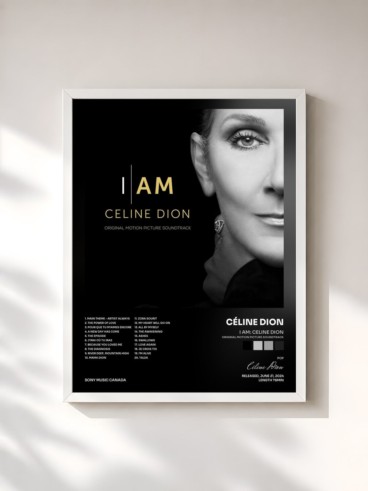 #blanc Tableau de l'album I AM: CELINE DION (Original Motion Picture Soundtrack) de Céline Dion, cadre blanc, imprimé et encadré en France