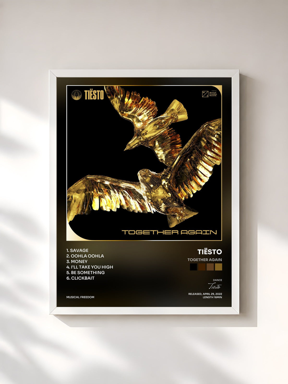 #blanc Tableau de l'album Together Again de Tiësto, cadre blanc, imprimé et encadré en France