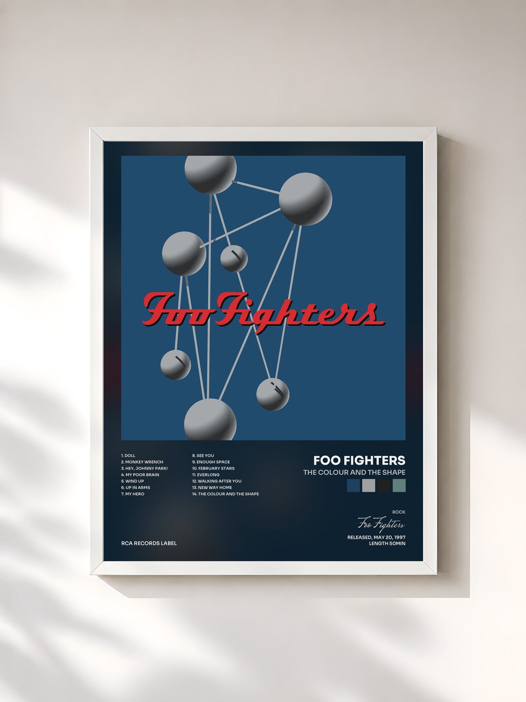 #blanc Tableau de l'album The Colour And The Shape de Foo Fighters, cadre blanc, imprimé et encadré en France