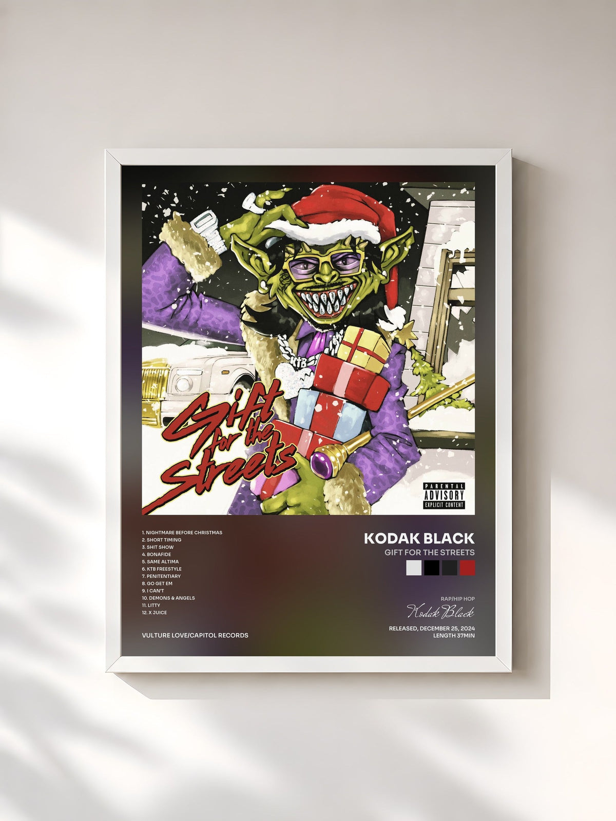 #blanc Tableau de l'album Gift For The Streets de Kodak Black, cadre blanc, imprimé et encadré en France