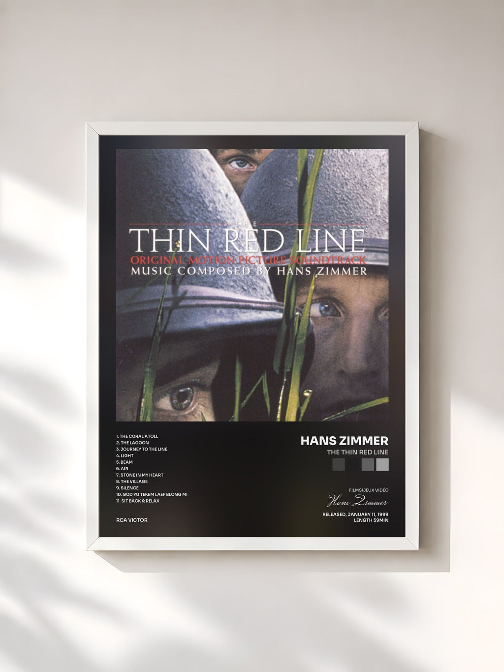 #blanc Tableau de l'album The Thin Red Line de Hans Zimmer, cadre blanc, imprimé et encadré en France
