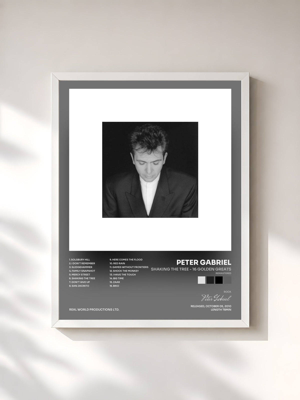 #blanc Tableau de l'album Shaking The Tree - 16 Golden Greats (Remastered) de Peter Gabriel, cadre blanc, imprimé et encadré en France