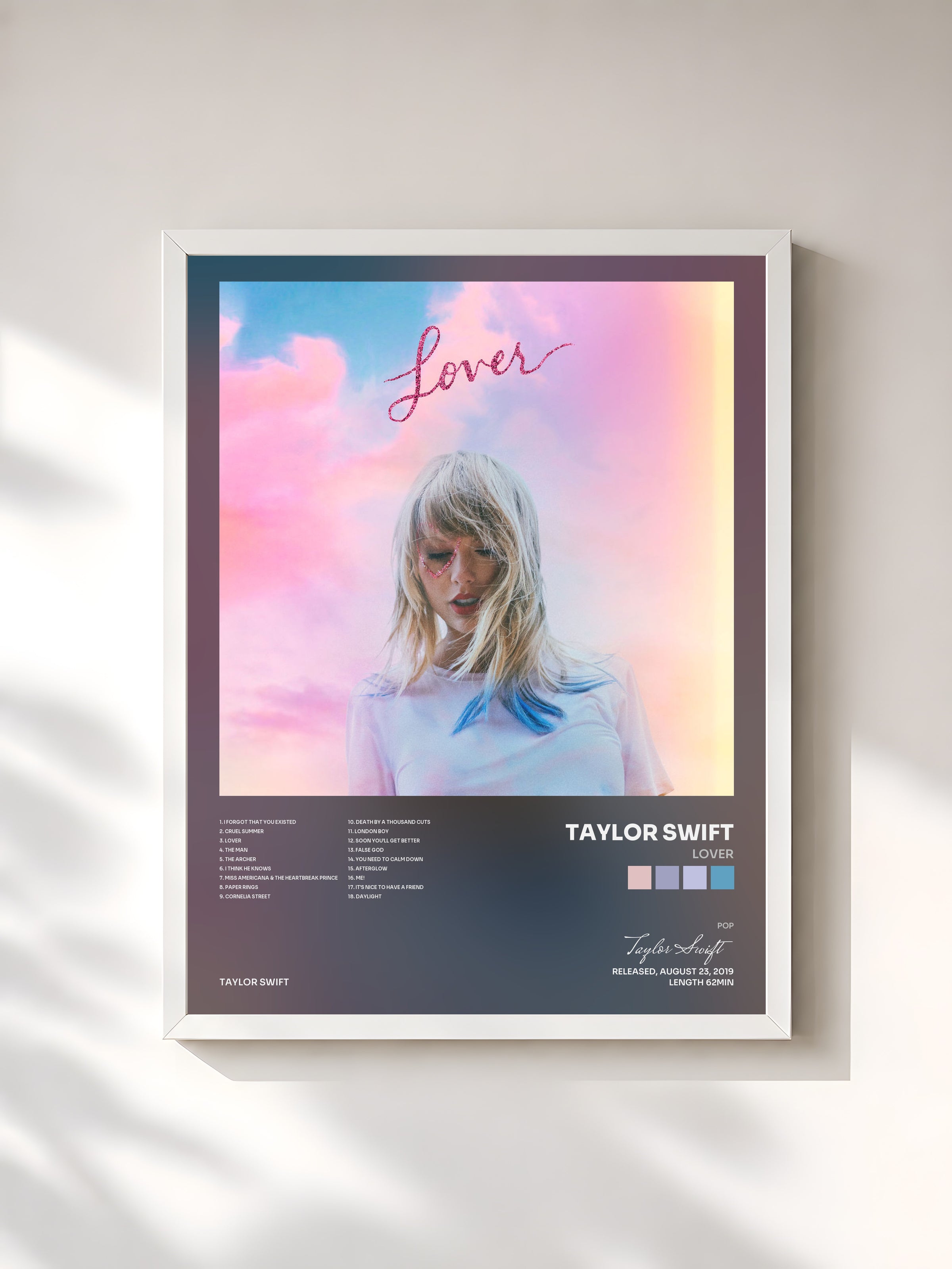 #blanc Tableau de l'album Lover de Taylor Swift, cadre blanc, imprimé et encadré en France