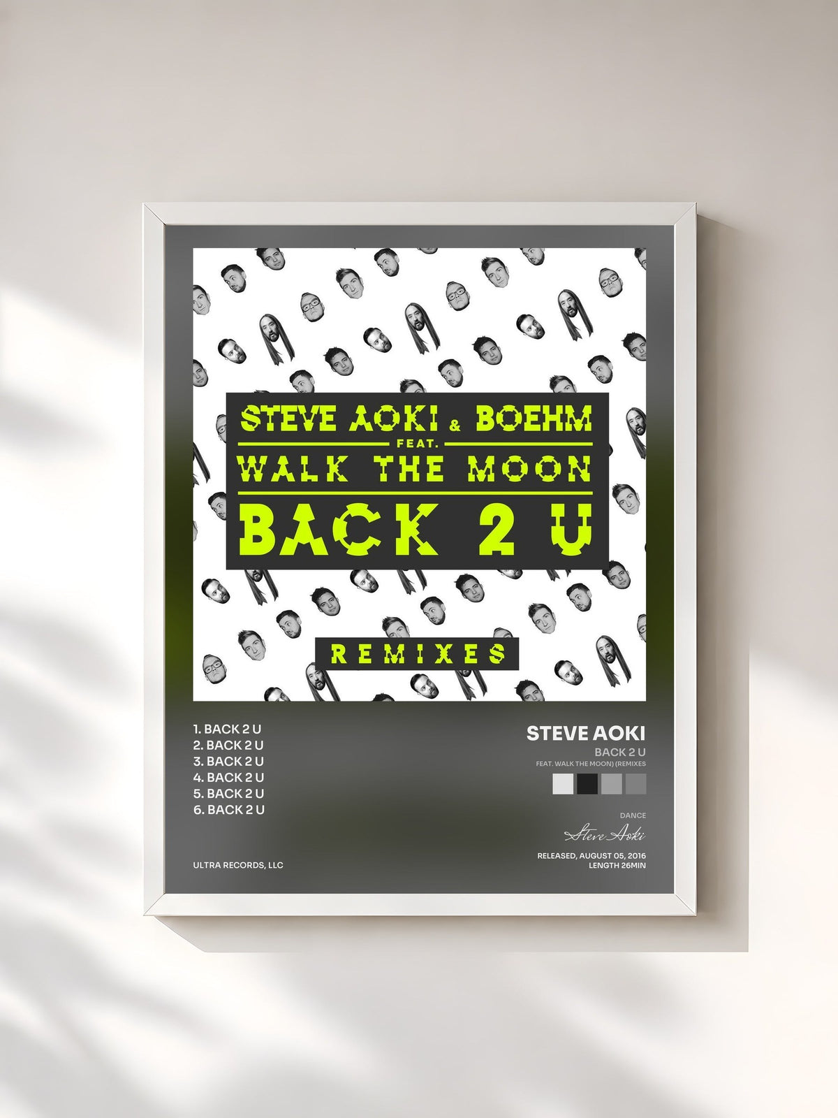 #blanc Tableau de l'album Back 2 U (feat. WALK THE MOON) (Remixes) de Steve Aoki, cadre blanc, imprimé et encadré en France