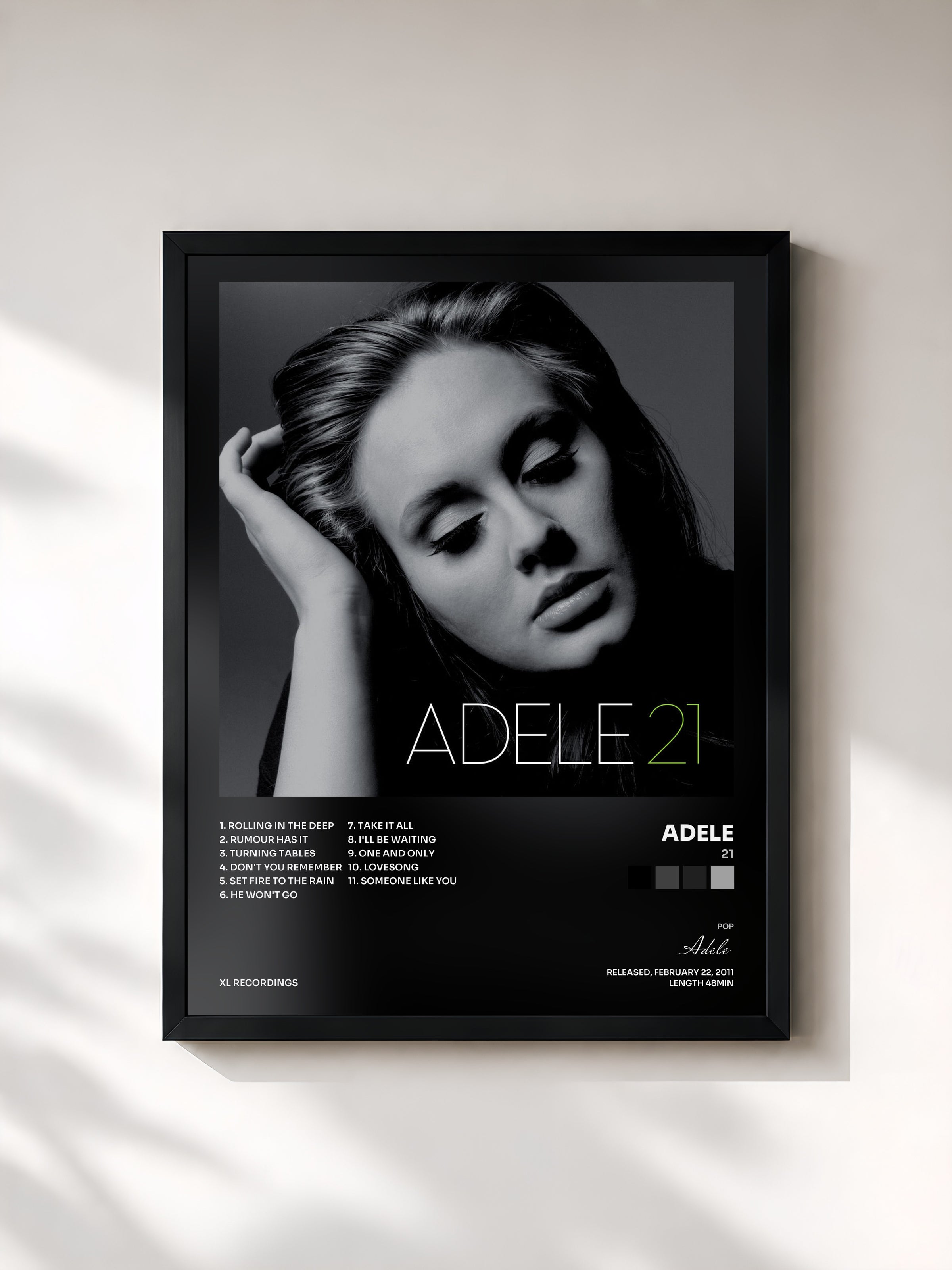 #noir Tableau de l'album 21 de Adele, cadre noir, imprimé et encadré en France