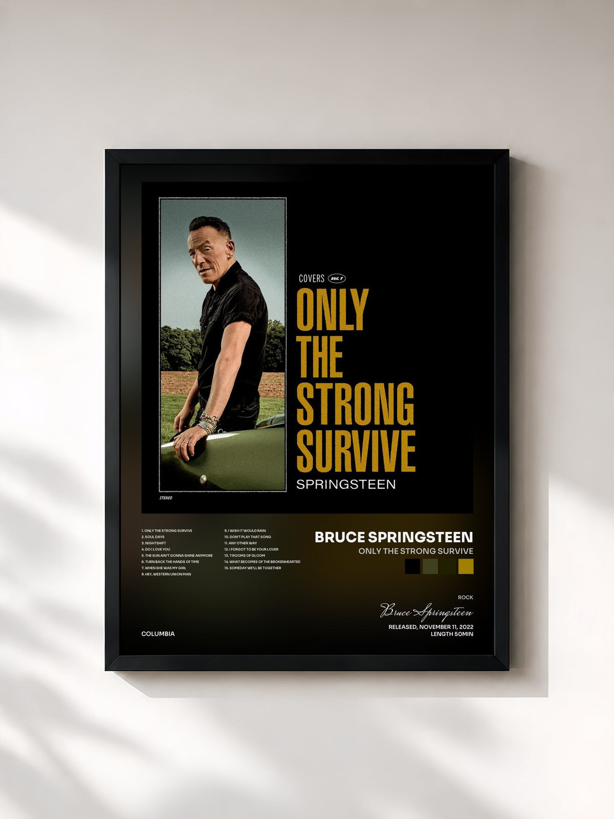 #noir Tableau de l'album Only the Strong Survive de Bruce Springsteen, cadre noir, imprimé et encadré en France