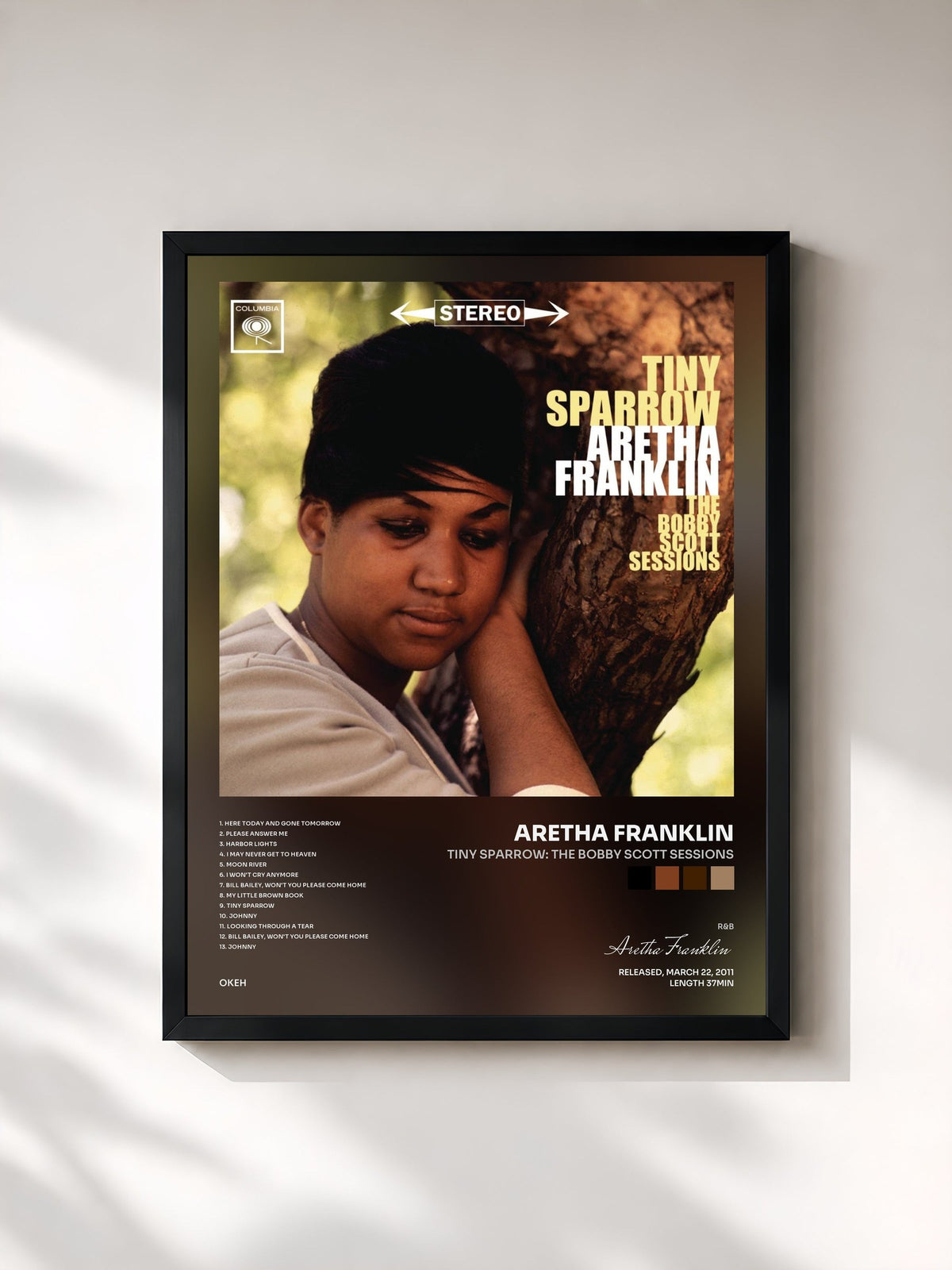 #noir Tableau de l'album Tiny Sparrow: The Bobby Scott Sessions de Aretha Franklin, cadre noir, imprimé et encadré en France