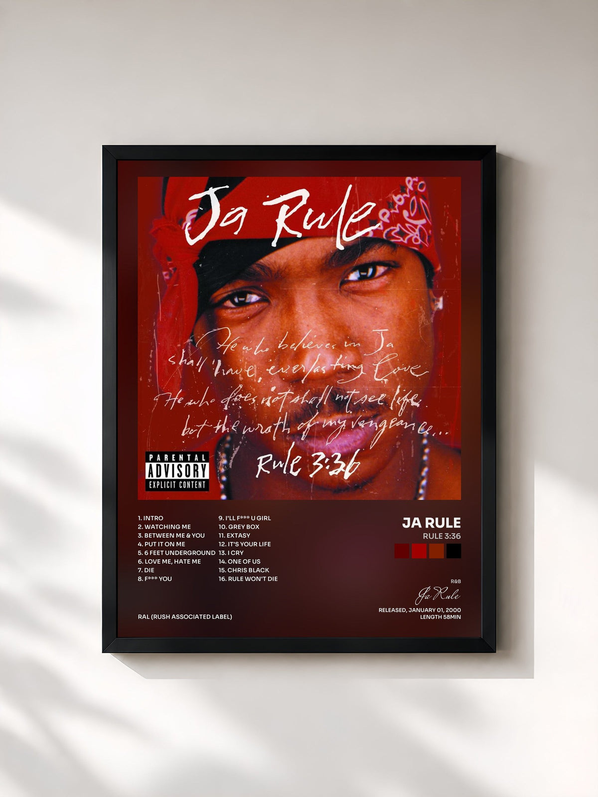 #noir Tableau de l'album Rule 3:36 de Ja Rule, cadre noir, imprimé et encadré en France