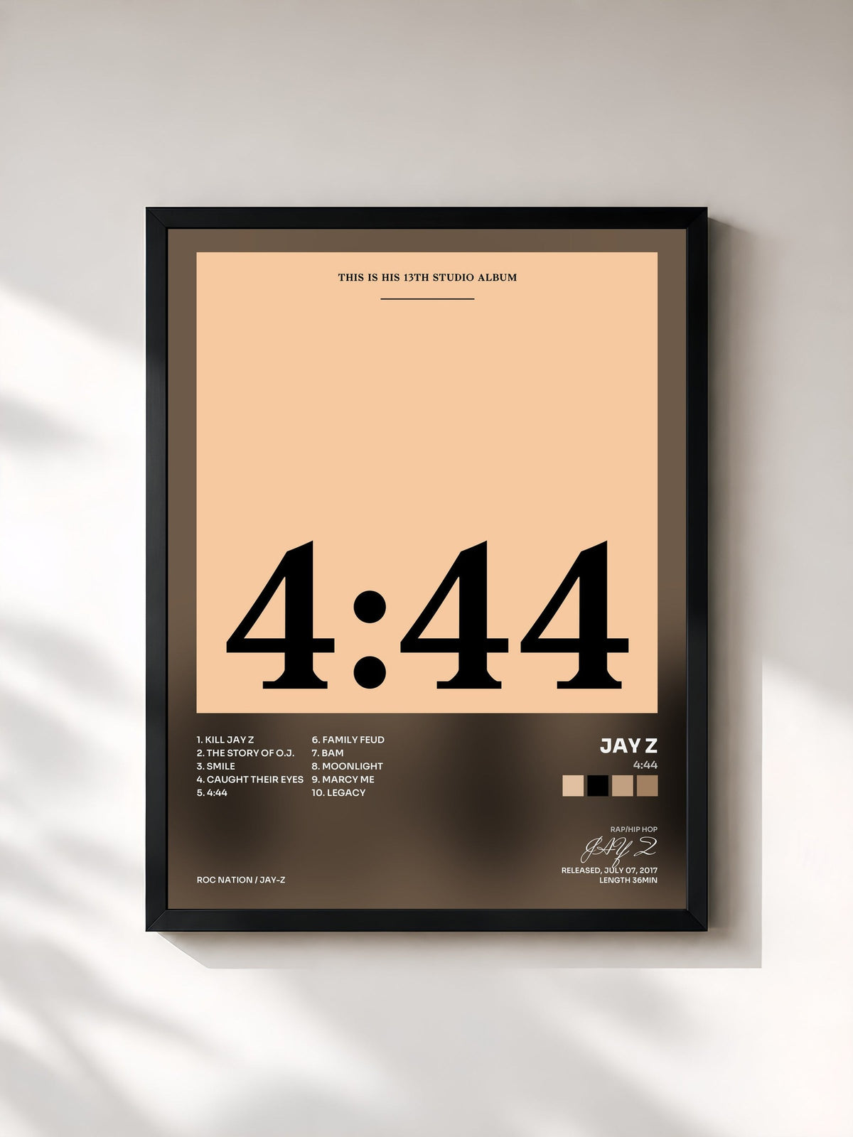 #noir Tableau de l'album 4:44 de JAY Z, cadre noir, imprimé et encadré en France