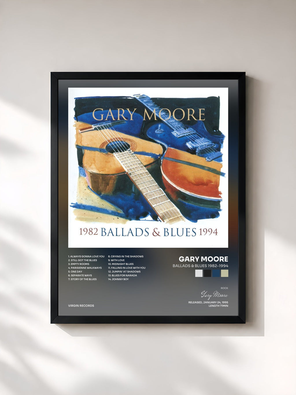 #noir Tableau de l'album Ballads & Blues 1982-1994 de Gary Moore, cadre noir, imprimé et encadré en France