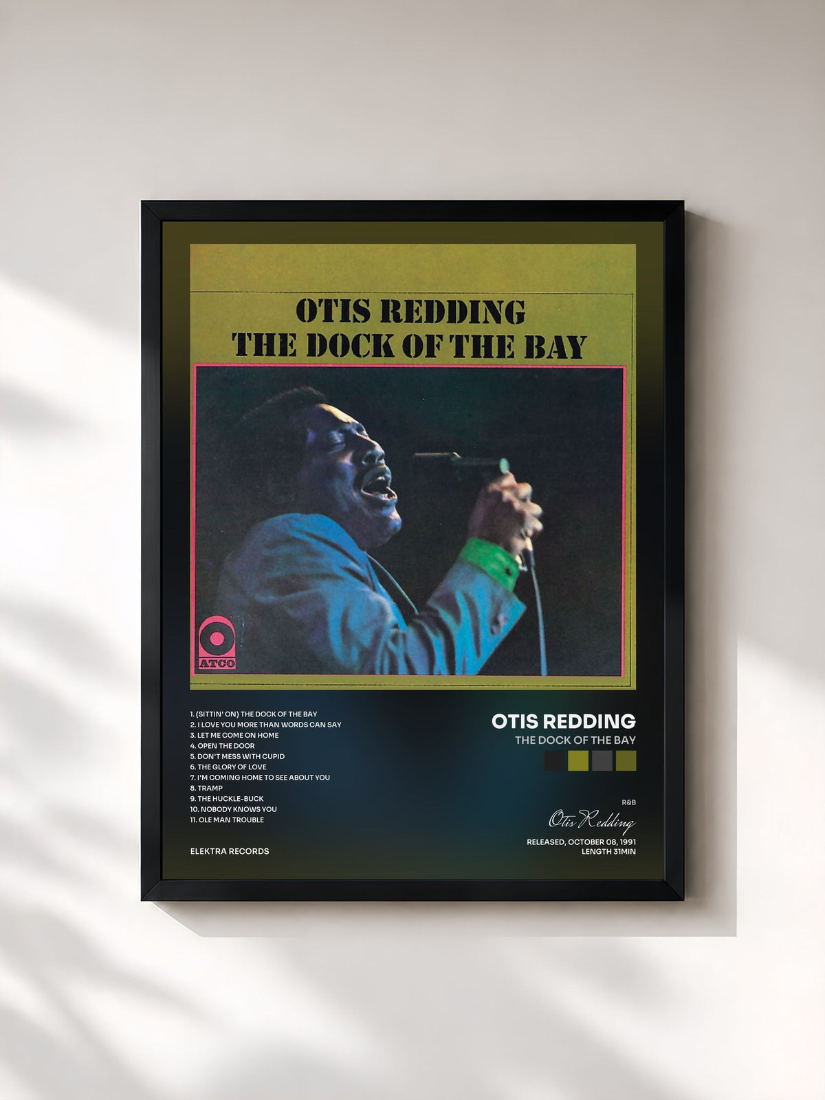 #noir Tableau de l'album The Dock of the Bay de Otis Redding, cadre noir, imprimé et encadré en France