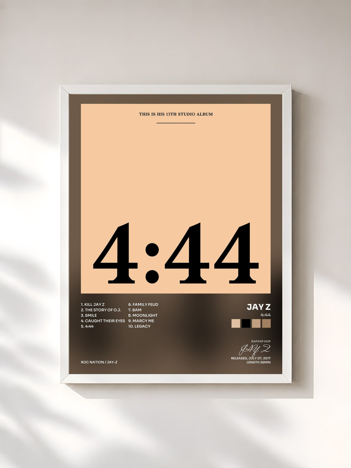 #blanc Tableau de l'album 4:44 de JAY Z, cadre blanc, imprimé et encadré en France