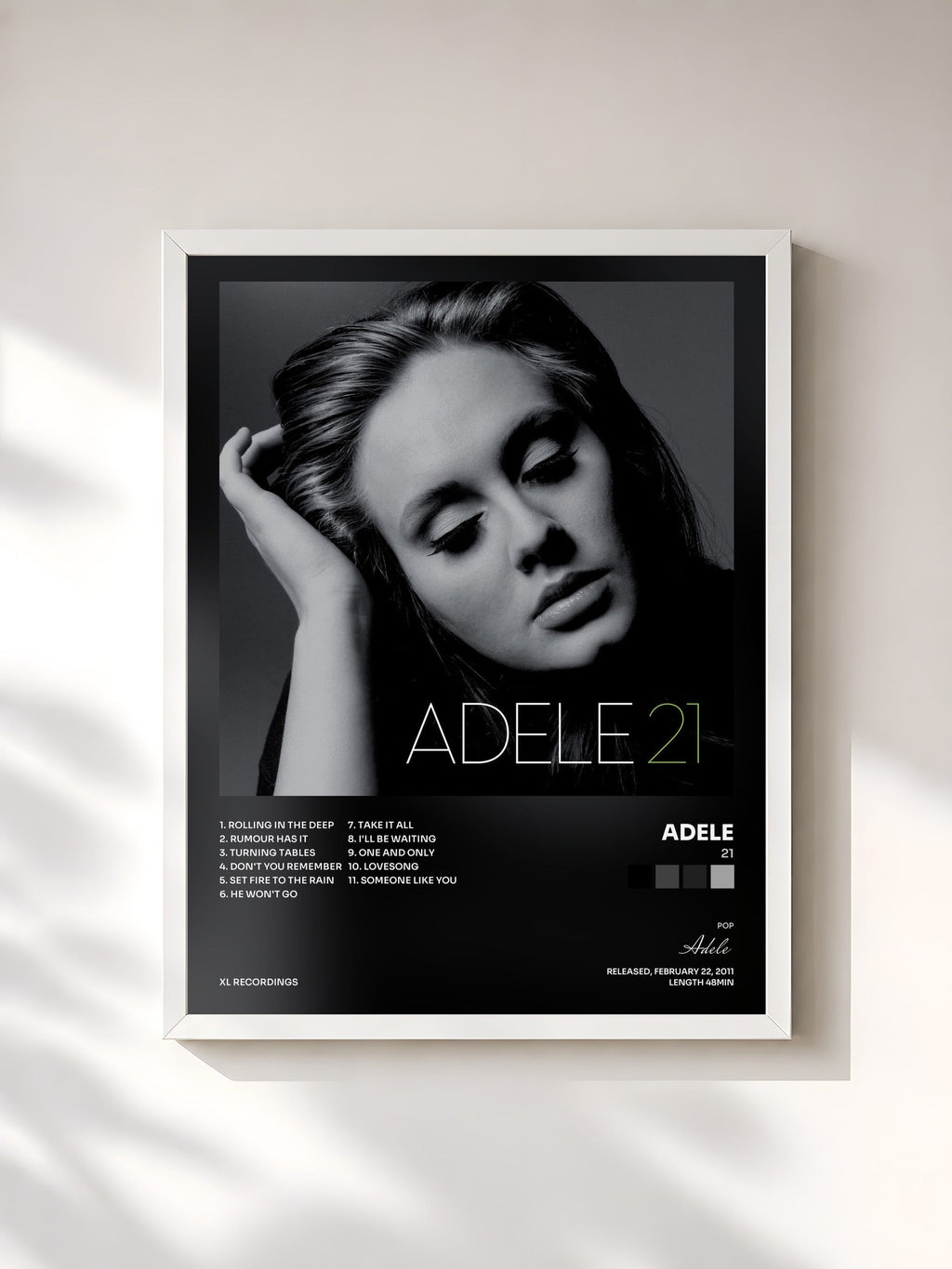 #blanc Tableau de l'album 21 de Adele, cadre blanc, imprimé et encadré en France