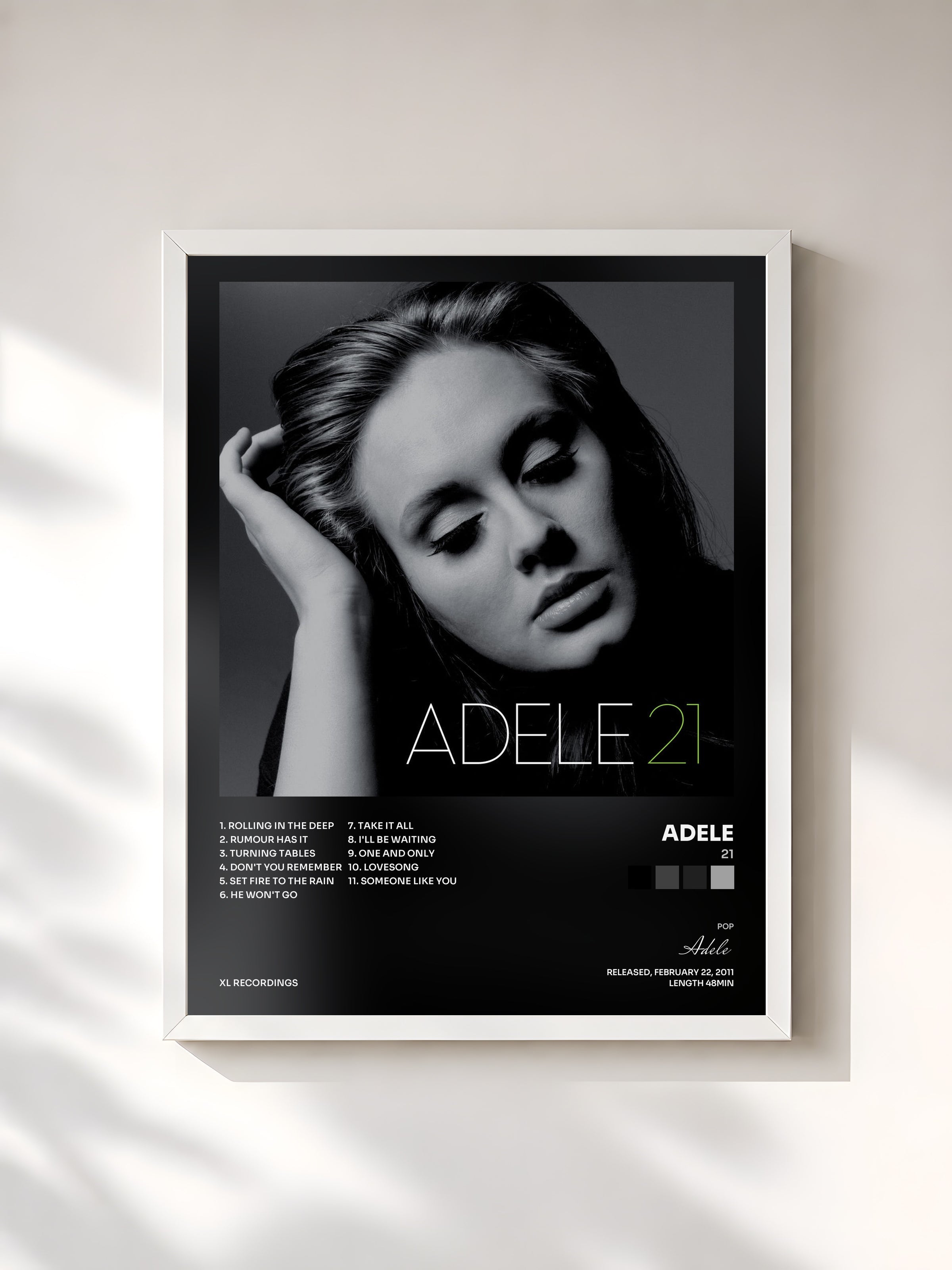 #blanc Tableau de l'album 21 de Adele, cadre blanc, imprimé et encadré en France