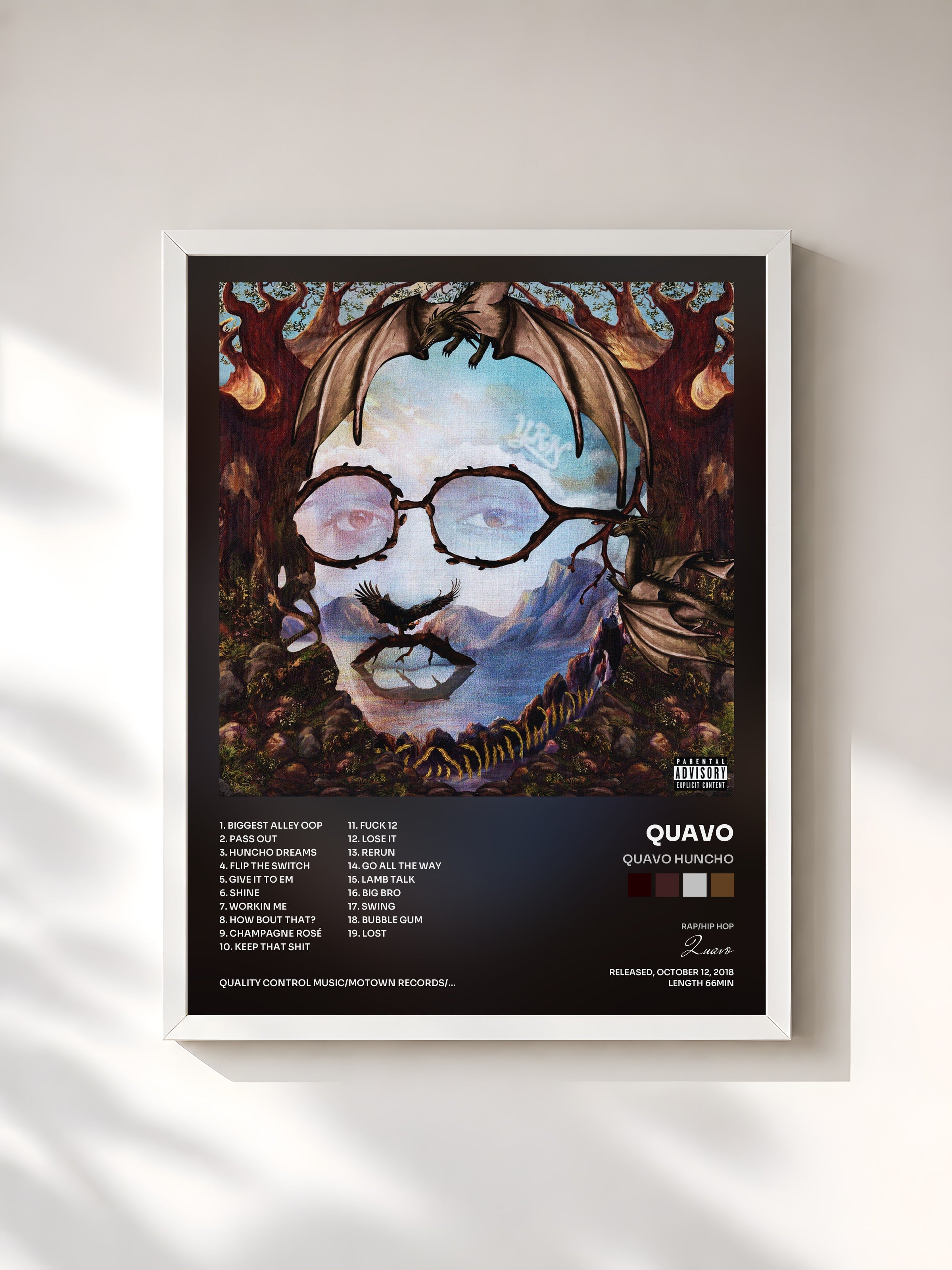 #blanc Tableau de l'album QUAVO HUNCHO de Quavo, cadre blanc, imprimé et encadré en France