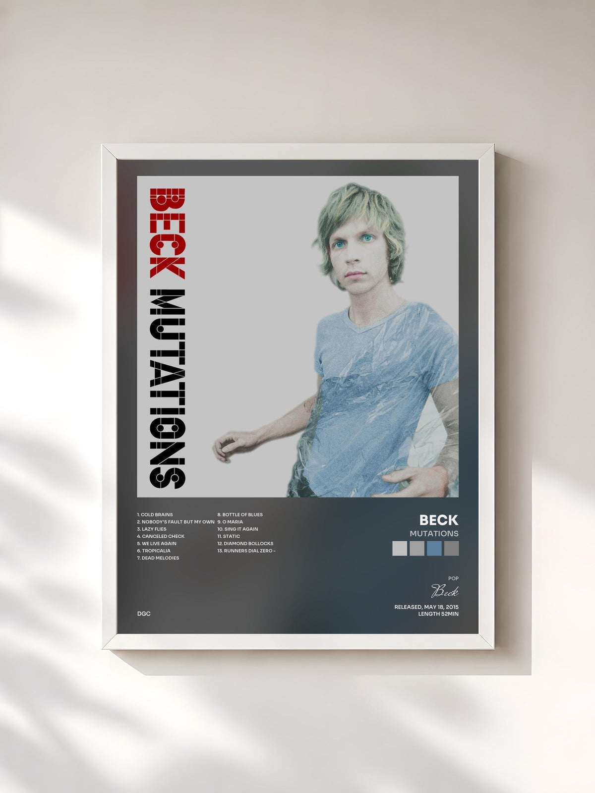 #blanc Tableau de l'album Mutations de Beck, cadre blanc, imprimé et encadré en France