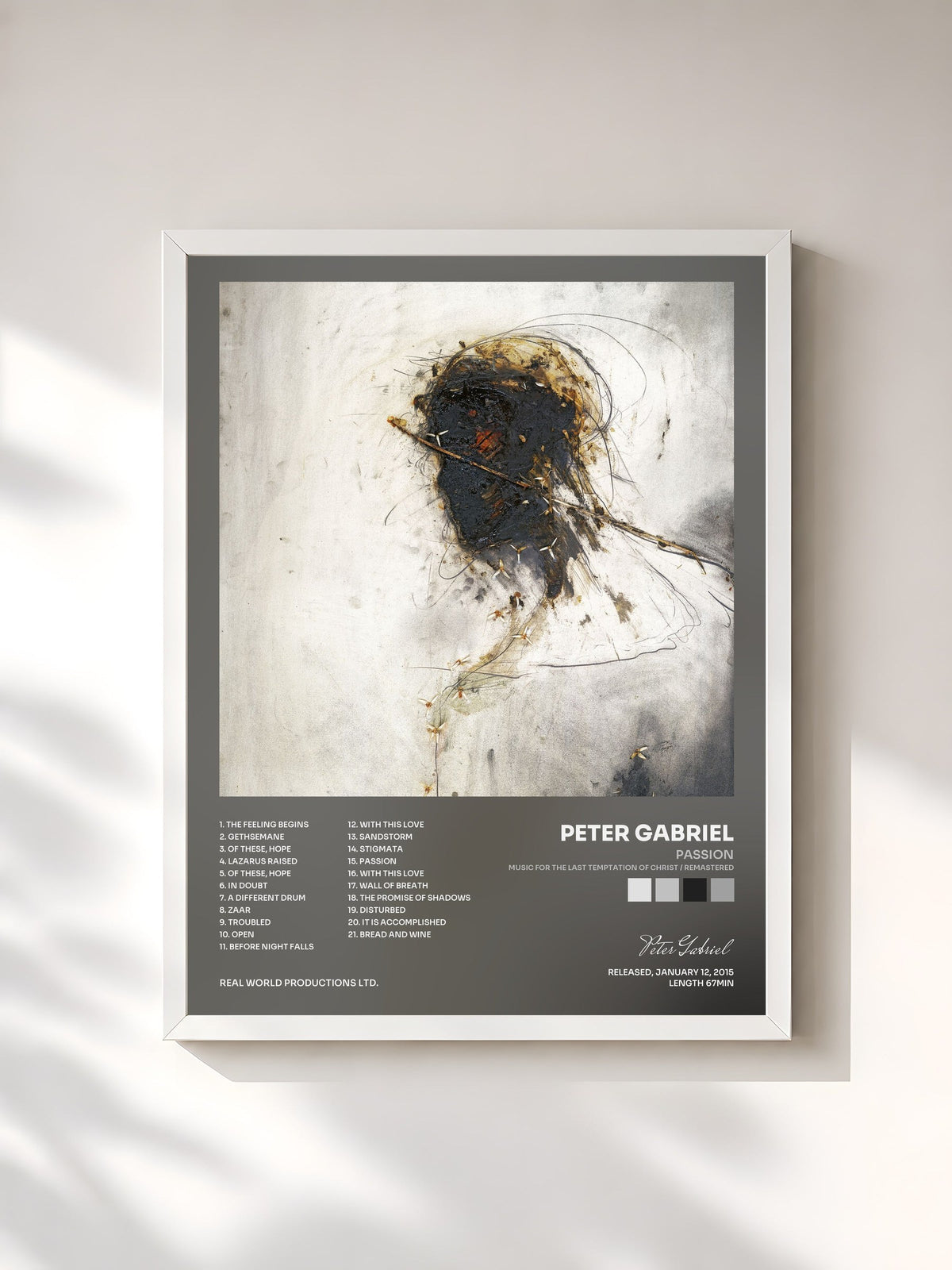 #blanc Tableau de l'album Passion (Music For The Last Temptation Of Christ / Remastered) de Peter Gabriel, cadre blanc, imprimé et encadré en France