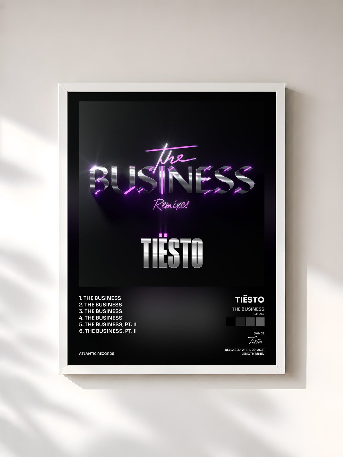 #blanc Tableau de l'album The Business (Remixes) de Tiësto, cadre blanc, imprimé et encadré en France