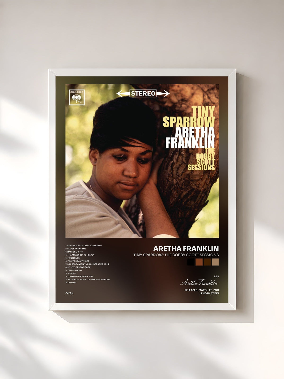 #blanc Tableau de l'album Tiny Sparrow: The Bobby Scott Sessions de Aretha Franklin, cadre blanc, imprimé et encadré en France