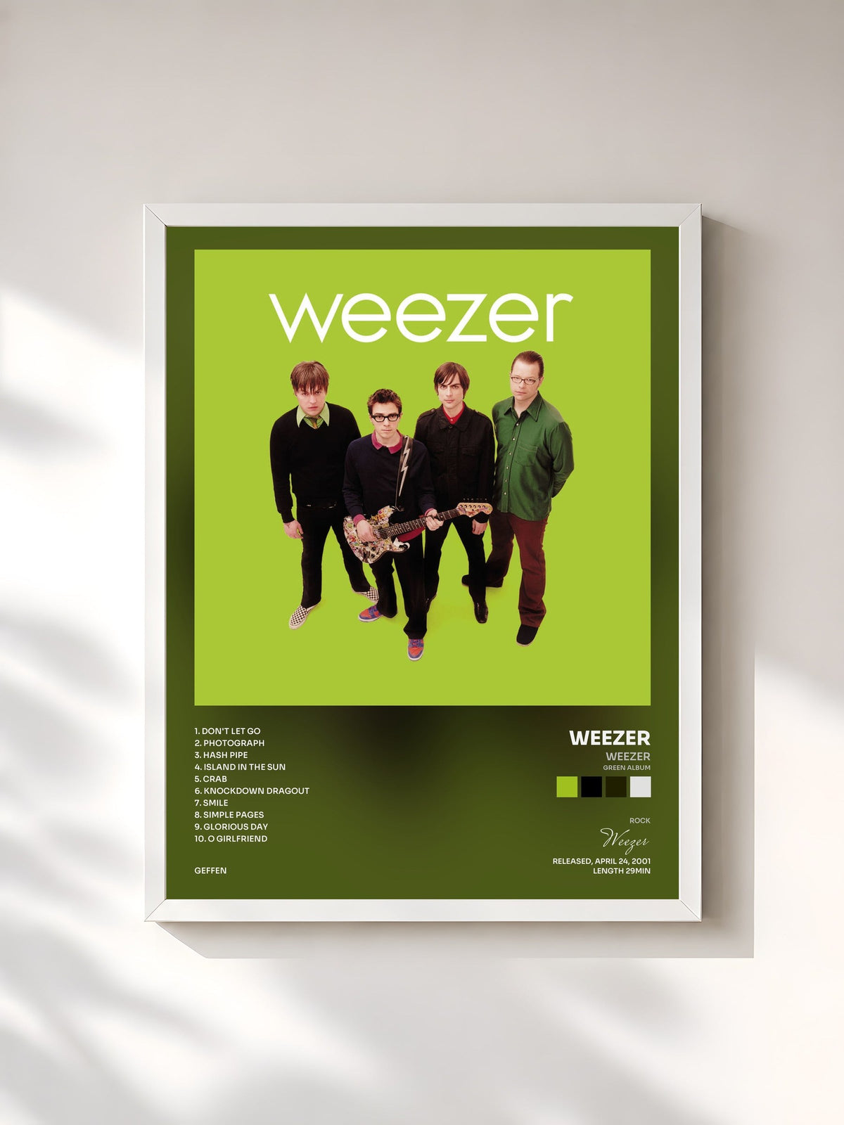 #blanc Tableau de l'album Weezer (Green Album) de Weezer, cadre blanc, imprimé et encadré en France