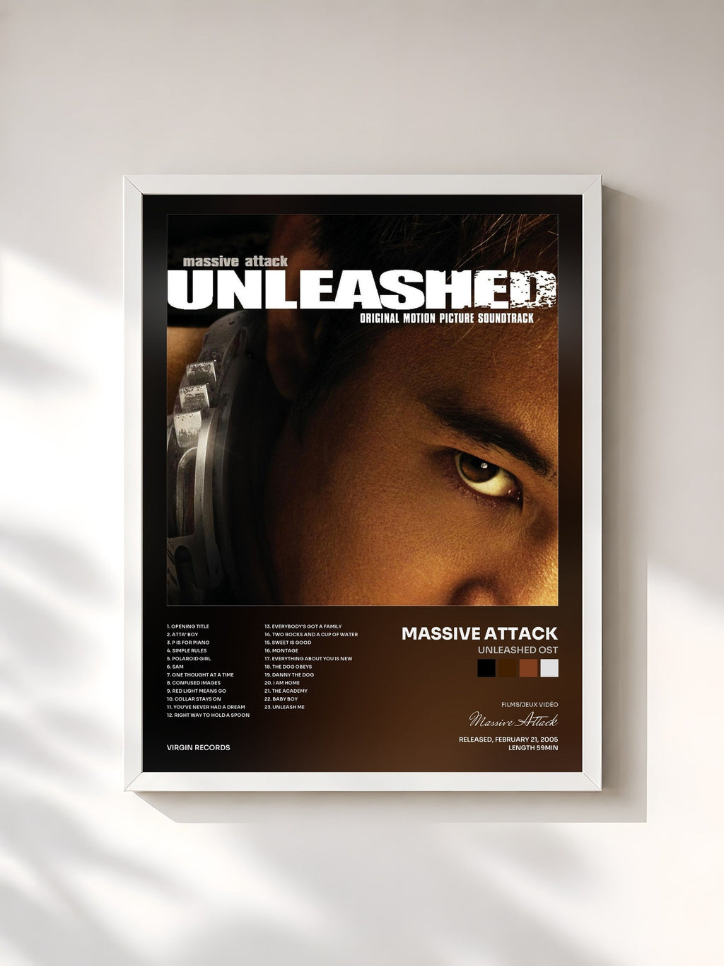 #blanc Tableau de l'album Unleashed OST de Massive Attack, cadre blanc, imprimé et encadré en France