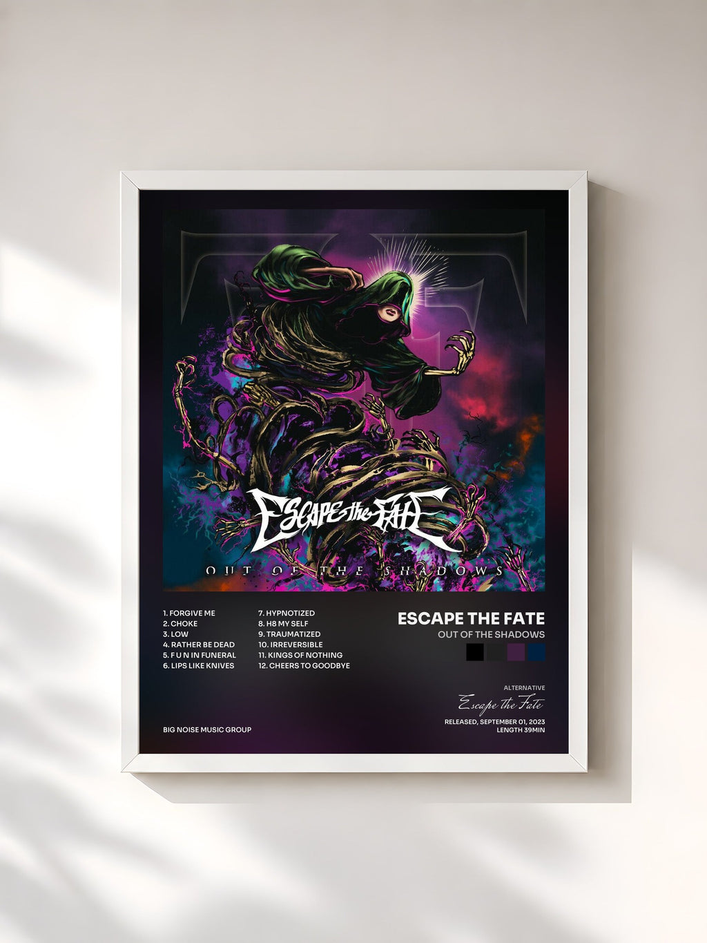 #blanc Out Of The Shadows von Escape the Fate als gerahmter Kunstdruck, weißer Rahmen, gedruckt und gerahmt in Frankreich