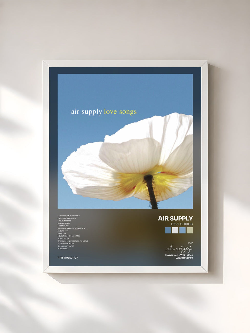 #blanc Tableau de l'album Love Songs de Air Supply, cadre blanc, imprimé et encadré en France