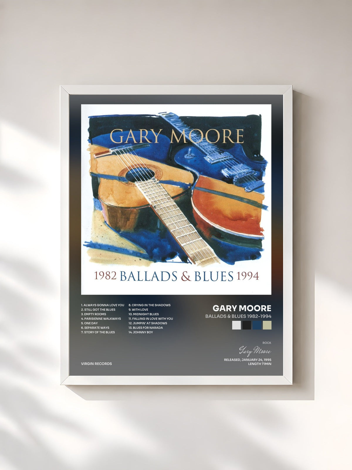 #blanc Ballads & Blues 1982-1994 by Gary Moore as a framed art print, white frame, printed and framed in France