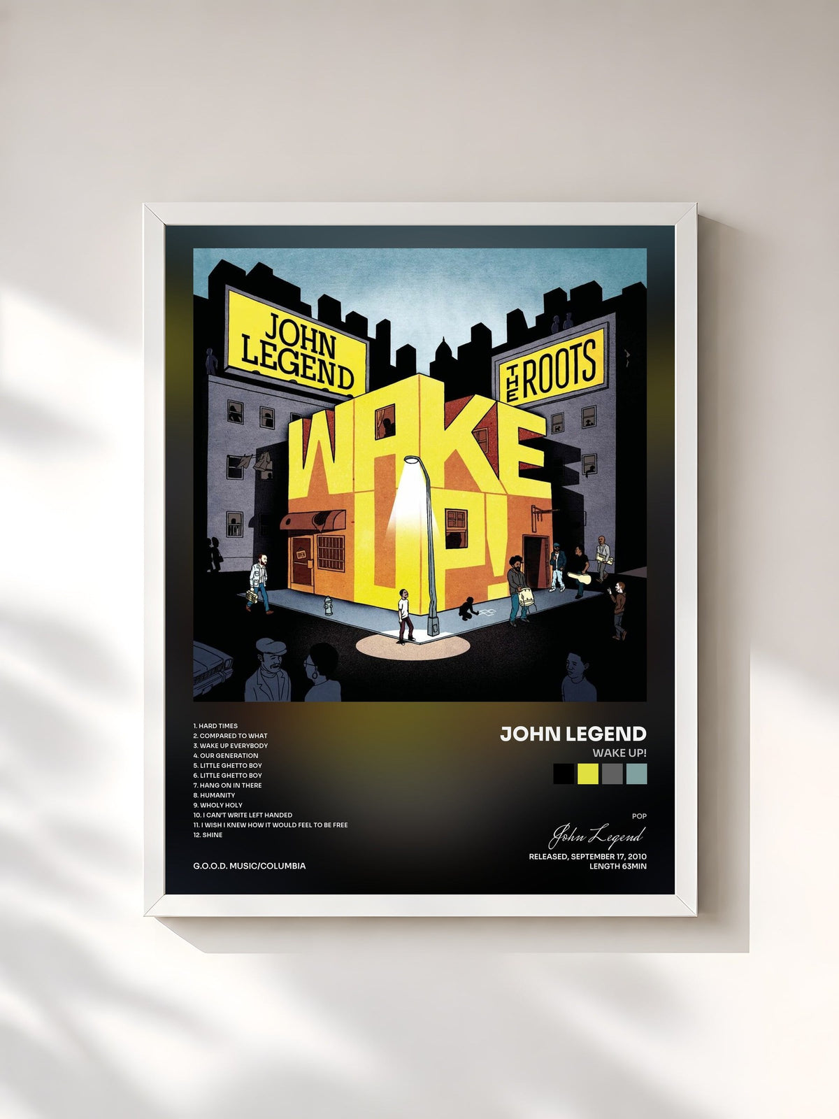 #blanc Tableau de l'album Wake Up! de John Legend, cadre blanc, imprimé et encadré en France