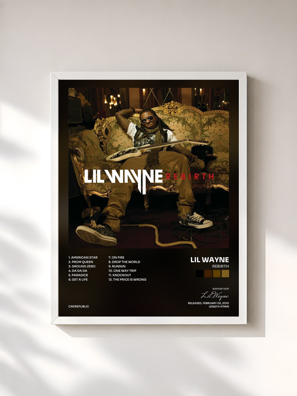 #blanc Rebirth von Lil Wayne als gerahmter Kunstdruck, weißer Rahmen, gedruckt und gerahmt in Frankreich