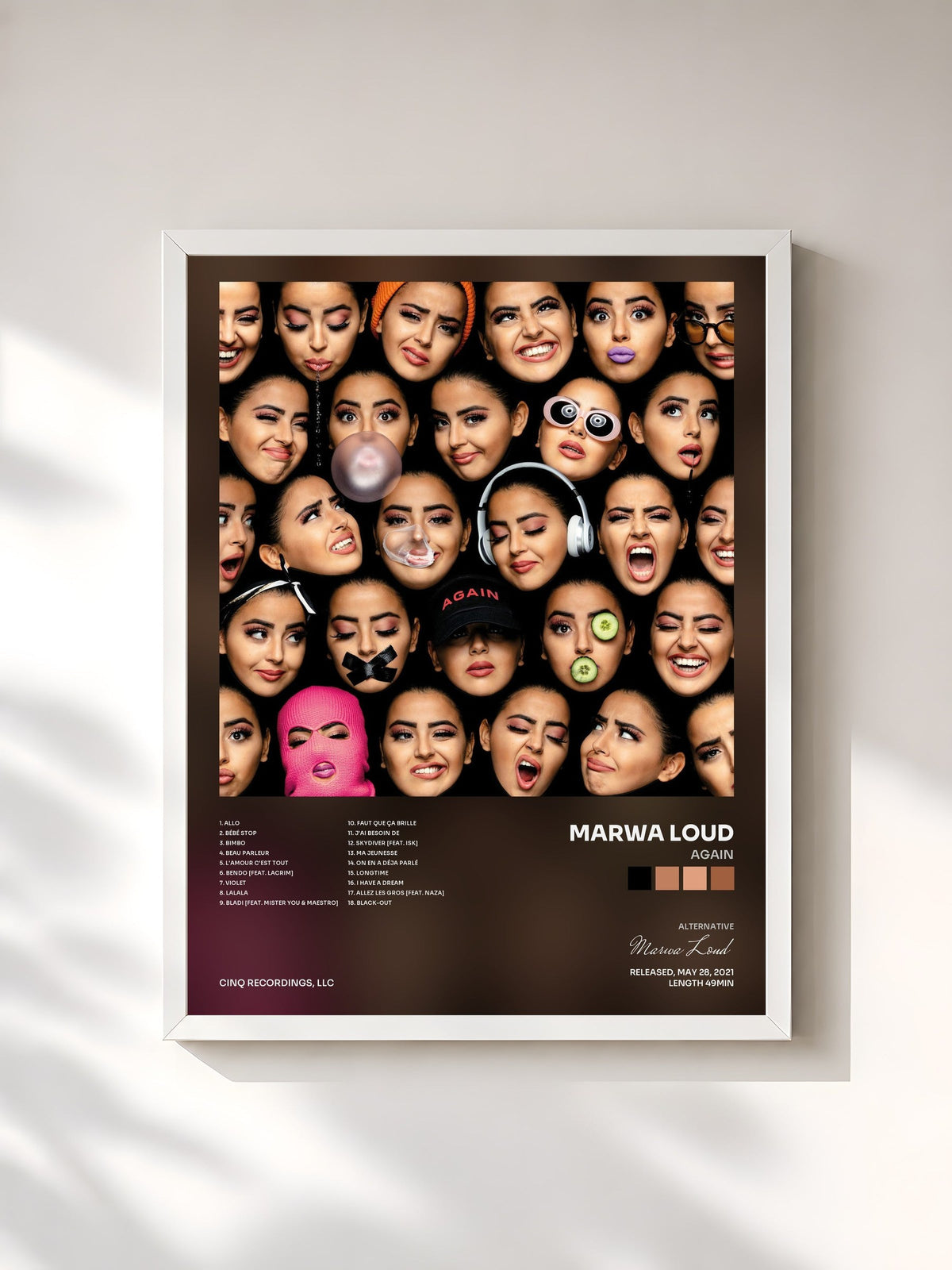#blanc Tableau de l'album Again de Marwa Loud, cadre blanc, imprimé et encadré en France