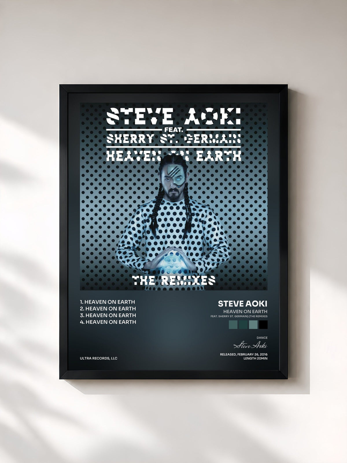 #noir Tableau de l'album Heaven On Earth (feat. Sherry St. Germain) (The Remixes) de Steve Aoki, cadre noir, imprimé et encadré en France