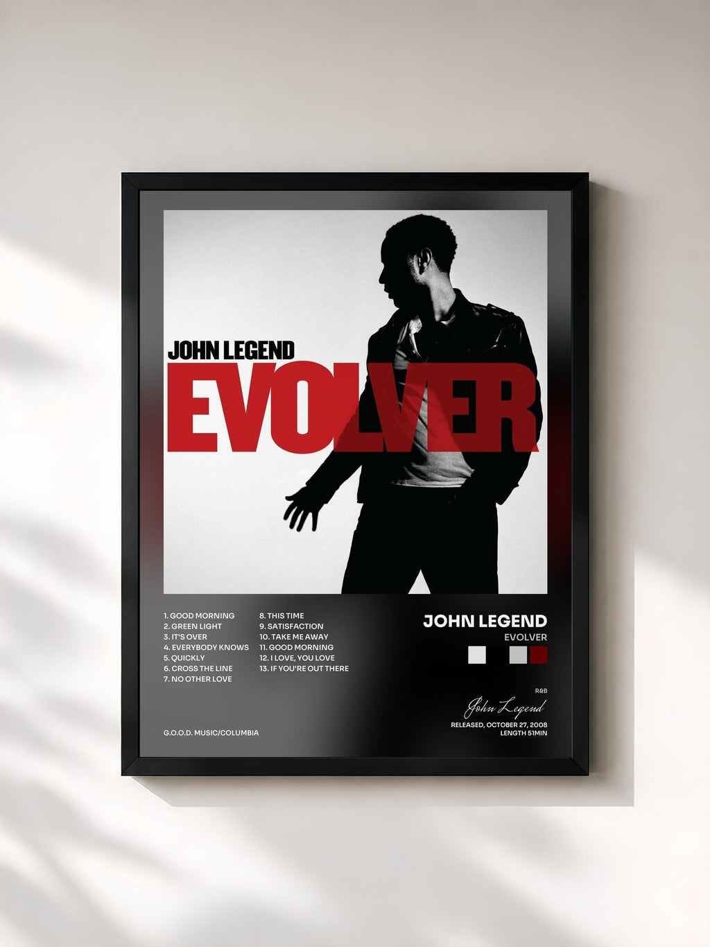 #noir Tableau de l'album Evolver de John Legend, cadre noir, imprimé et encadré en France
